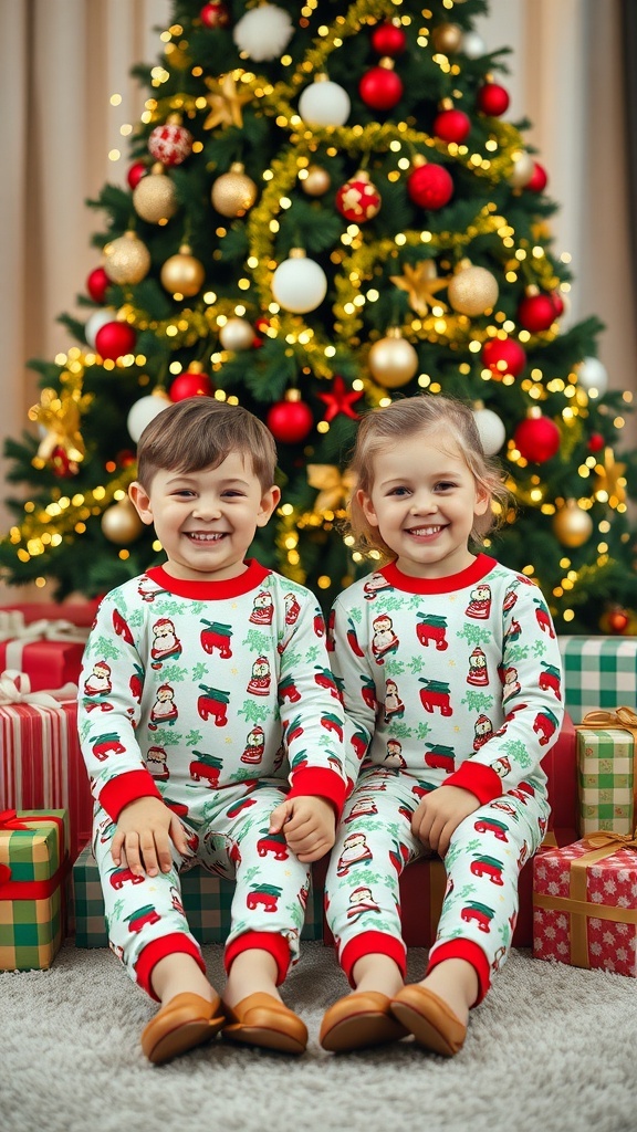 Creative Christmas Card Ideas Featuring Two Kids Two kids in matching Christmas pajamas sitting in front of a decorated tree with gifts.